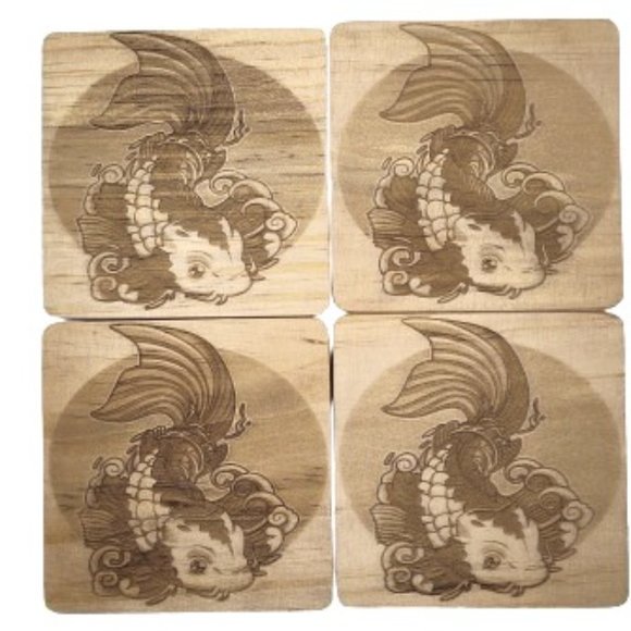 Other - 4" Wood Coaster Lazer Engraved. Koi Fish